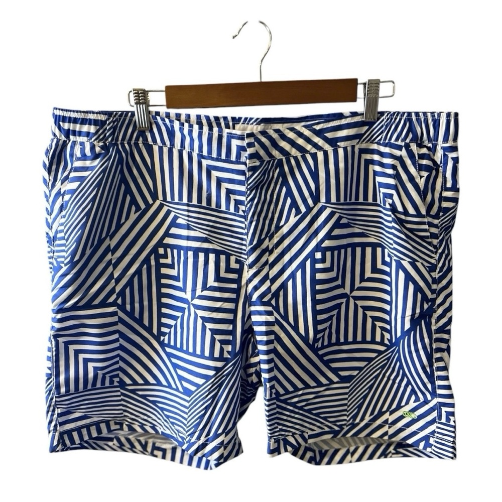 Le Club Blue and White Geometric Swim Shorts Trunks 2XL NWT